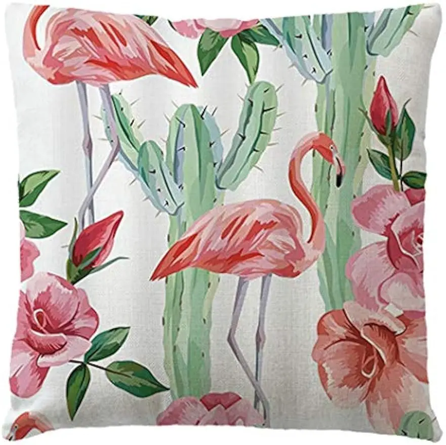 Розовая наволочка с фламинго тропическими растениями 40x40 см