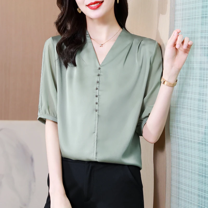 

Silk Female Shirts 2022 Summer Acetate Ladies Tops new Design High Quality V-Neck Satin Short Sleeve Green Blouses Womens Tops