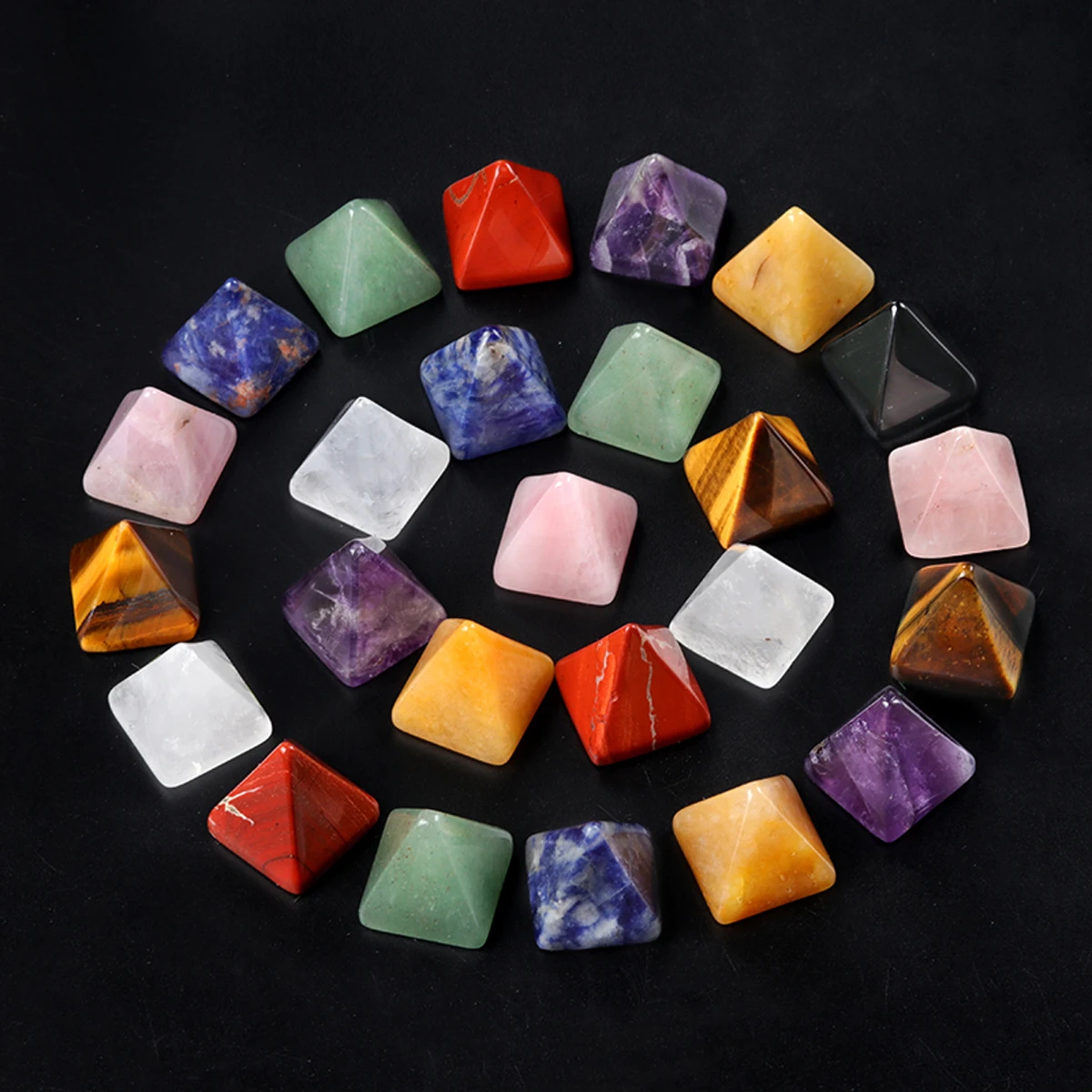 Набор из 5 пирамидок из розового кварца, тигрового глаза, аметиста и агата