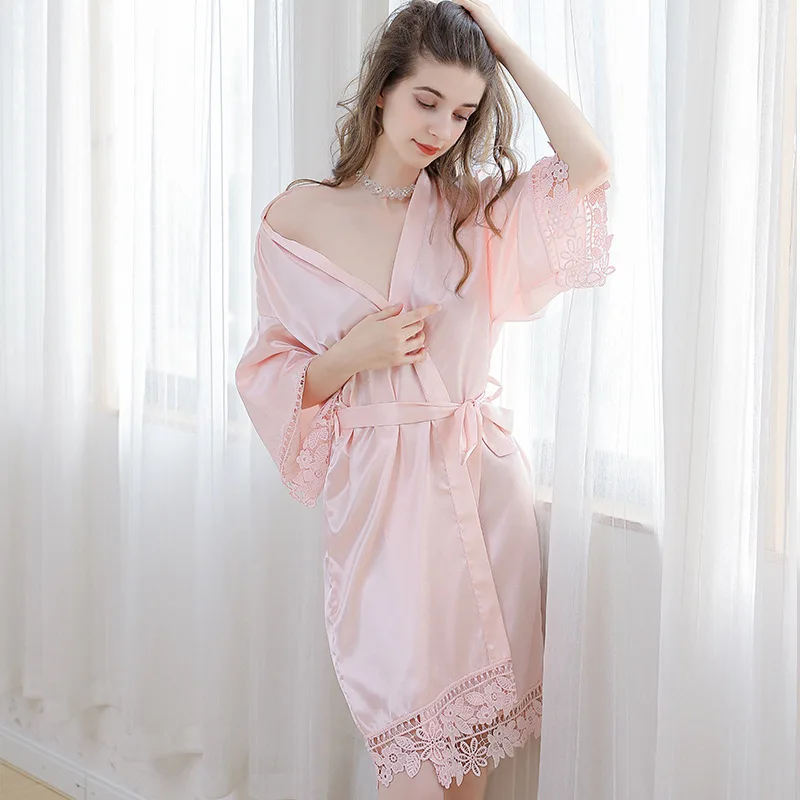 Women Sexy Satin Lace Robe Sleepwear Nightwear See Through Long Robe Lace Up Kimono Gown Bathrobe Sleep Nightdress Femme Hot