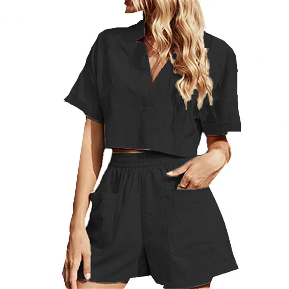 

Casual Tracksuit Women 2Pcs/Set Irregular Ladies Suit V Neck Solid Color Top Shorts Suit for Going Out