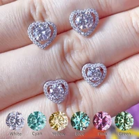 on sale real moissanite earrings heart design gemstone diamond studs earrings 0 5 1 carat blue green pink red s925 silver