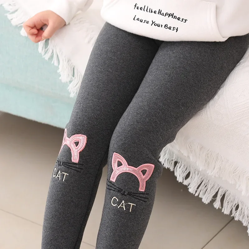 

Зимние теплые леггинсы для девочек, верхняя одежда, детские плотные бархатные брюки с мультяшным рисунком кота для маленьких девочек, брюки с милым рисунком кота