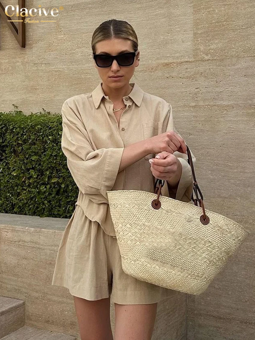 Элегантный свободный хлопковый комплект Clacive цвета хаки из 2 предметов женская