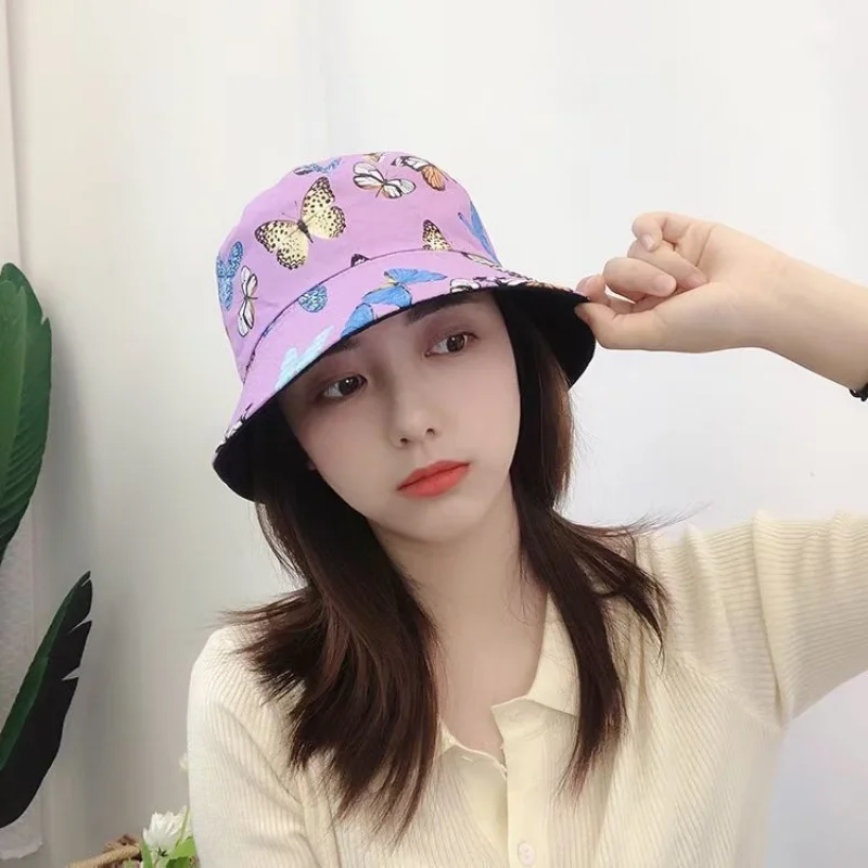 

Butterfly Double-Sided Panama Bucket Hat Women Summer Print Foldable Hip Hop Caps Sunhat Bob Female Fishing Fishman Hat 2022
