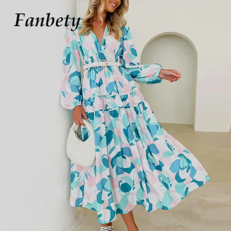 

New Arrival 2024 Pattern Print Bohe Loose Dresses Elegant Women Lantern Sleeve V-Neck A-line Dress Casual Waist Pleat Long Dress