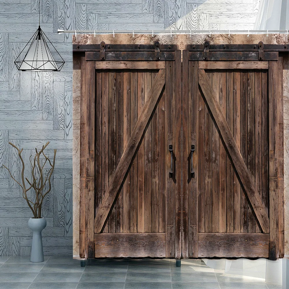 

Old wooden door shower curtain farm barn door rural farmhouse decoration polyester fabric shower curtain with hook