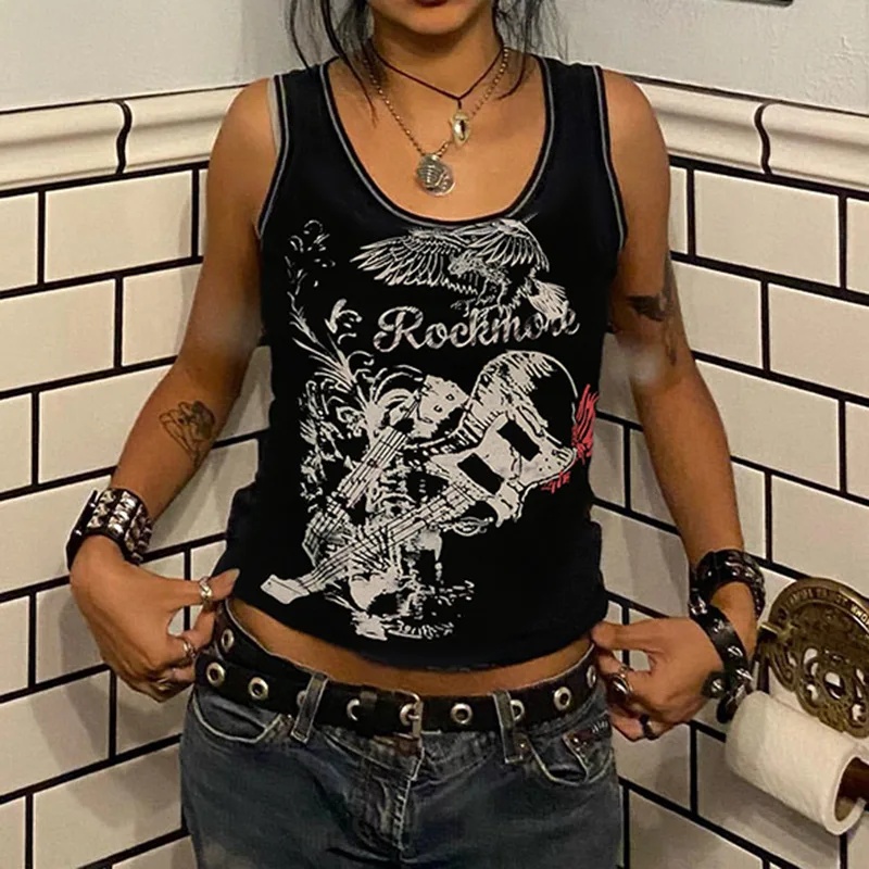 

2022 Summer Y2k Clothes Woman Sleeveless Street Round Neck Navel Corset Tops Dark Abstract Printed Skinny Vest Women Crop Top