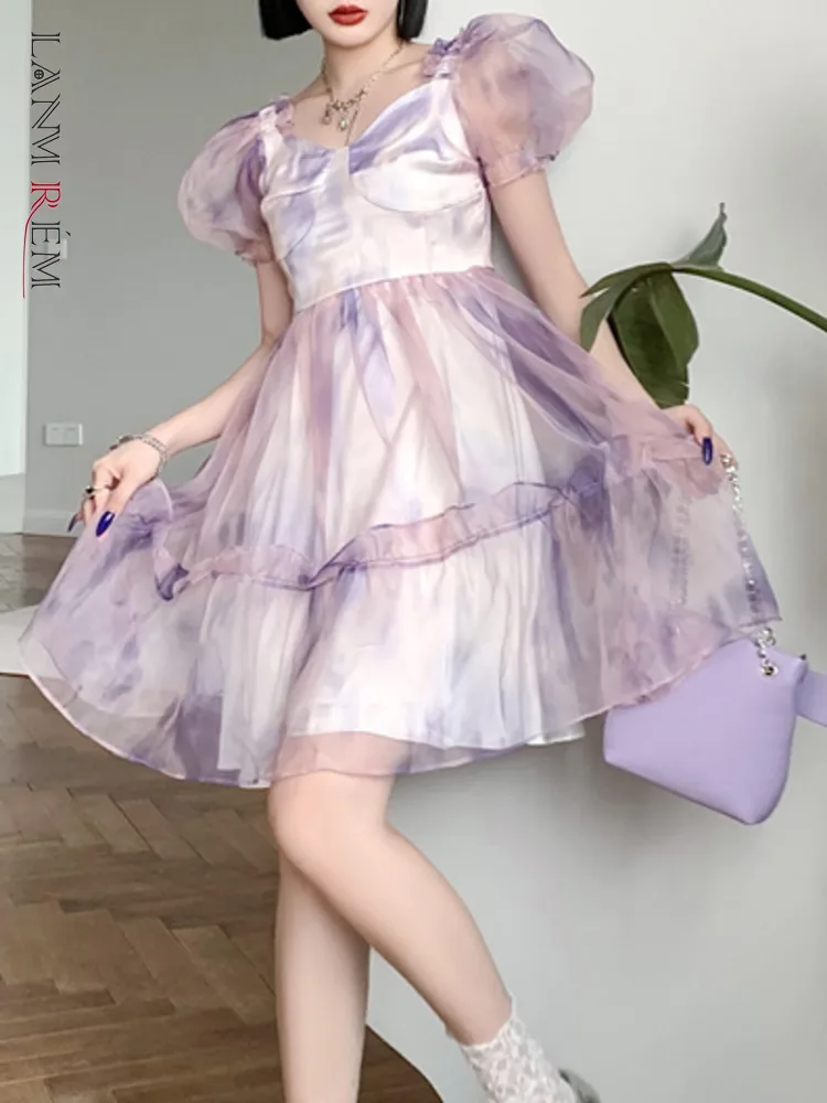 

LANMREM Mesh Bubble Short Sleeve Dress For Women Light Purple Square Collor Printing Puff Dresses Female 2022 Summer 2R2273