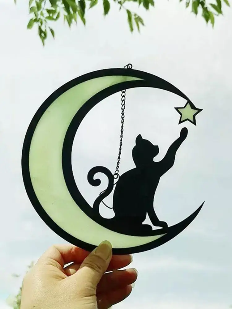 

Витражная Наклейка на окно «Кот на Луне», подарок для домашнего животного, черная кошка, подарок для любимого, декор «Луна на Коте», A2C6
