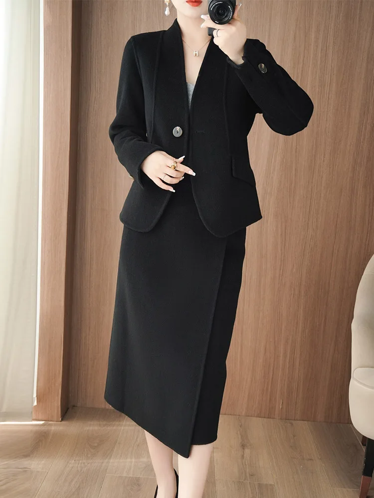 Темпераментная шерстяная верхняя одежда женский костюм осень 2024 двустороннее
