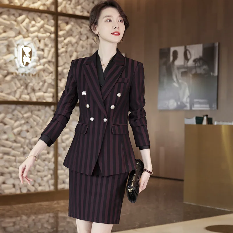 IZICFLY Fall Winter Uniform Business Outfit Suits with Trouser Wine Red Striped Office Professional Clothes For Women Work Wear