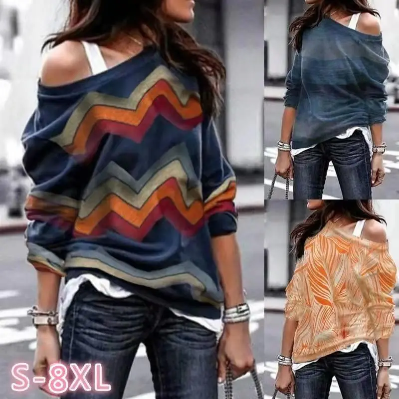 

Женский пуловер с открытыми плечами, с длинным рукавом и геометрическим принтом