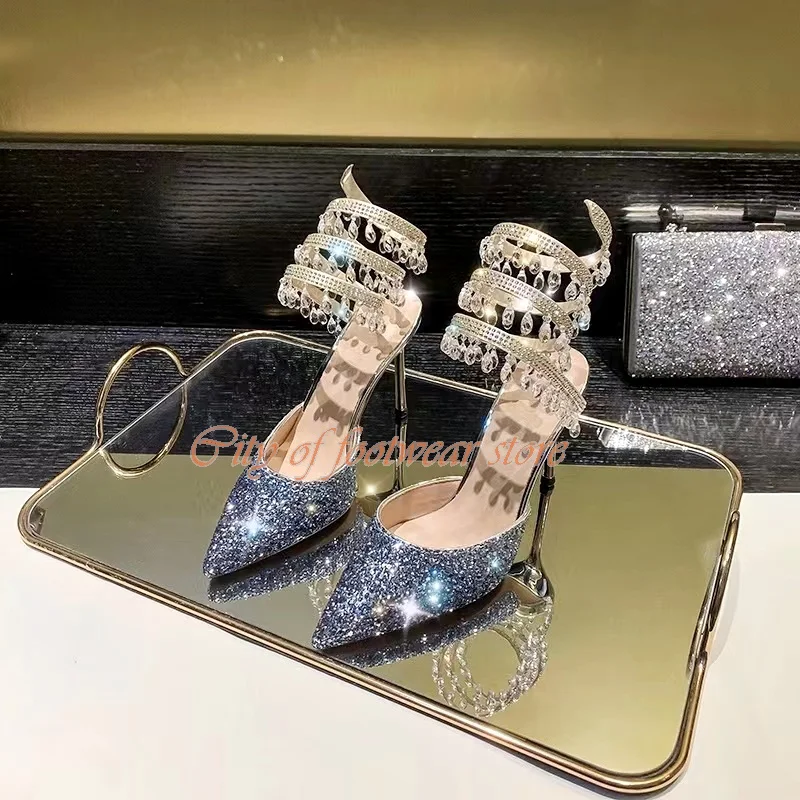 

Pointy Toe Sequins Crystal Sandal Woman Crystal Pendant Ankle Warp Stilettos Party Pump Designer Shoes Luxury 2022 Black\Blue