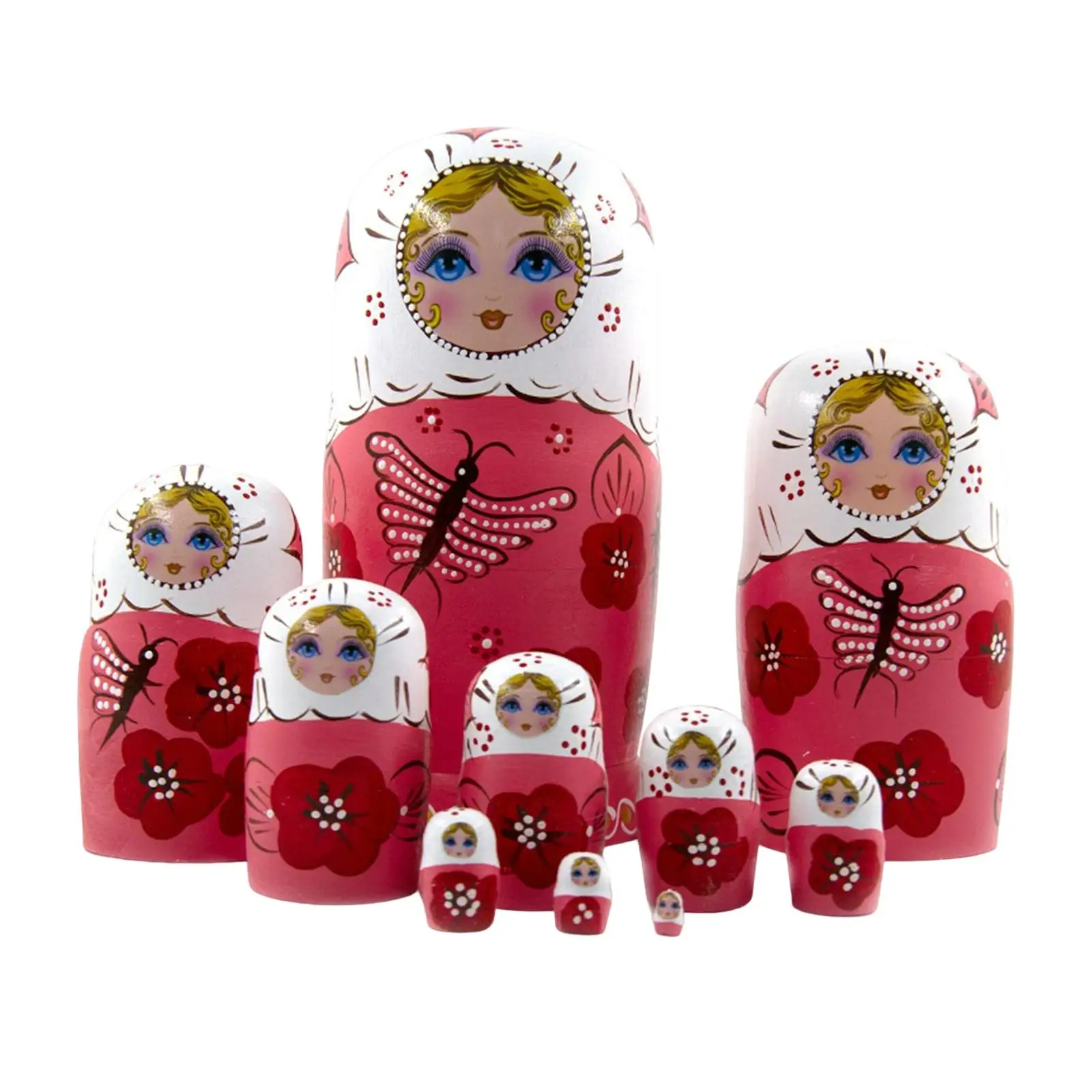 

Adorable Girls Pattern Nesting Dolls Matryoshka Pink Dragonfly Set of 10Pcs Child Room Decoration Handpainted Colorful Popular