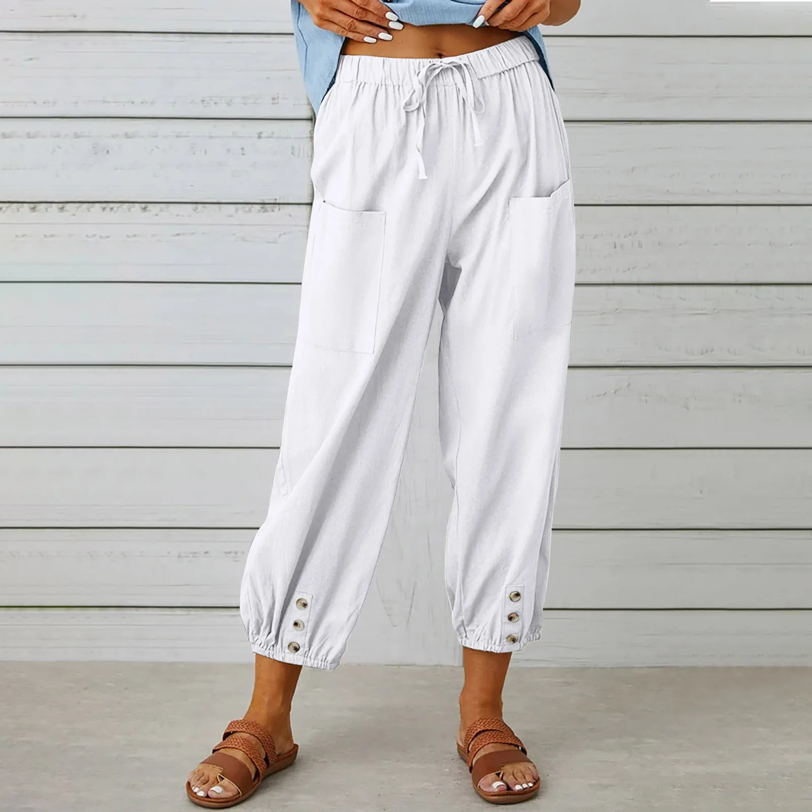 Women Elastic Waist Ankle Pants Casual Women's Cotton Linen Pants Loose Capri Harem Trousers Female Summer Solid Retro Trousers