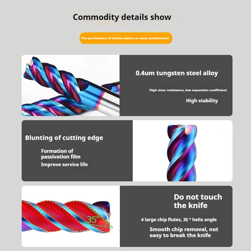 Фото Фрезы концевые плоские из карбида вольфрама с нанопокрытием, 65 градусов, 4 зуба, для ЧПУ, для нержавеющей стали, R0.2-R8 №2