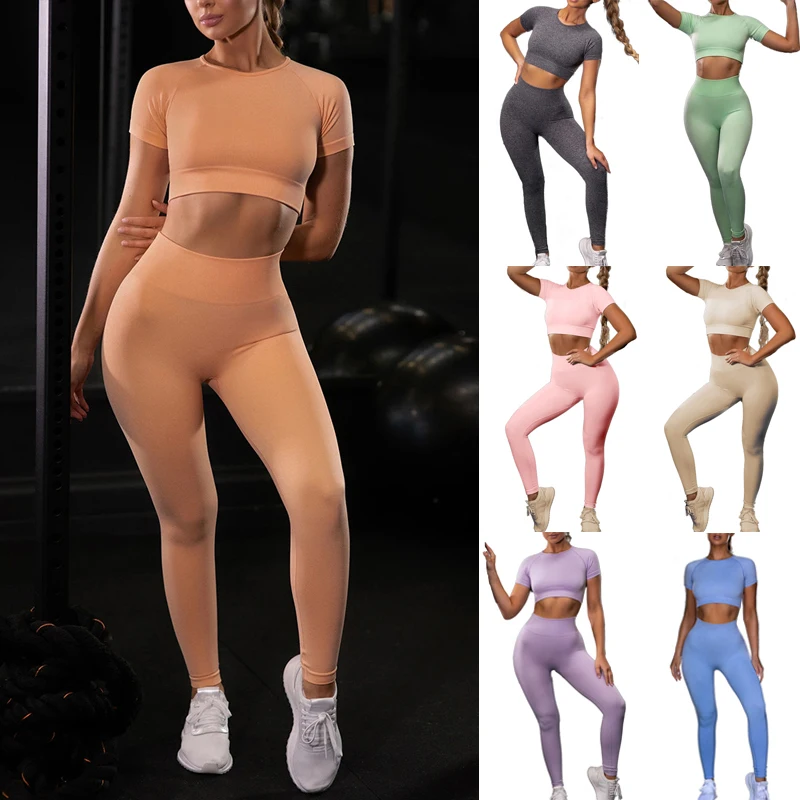 

Seamless Yoga Set Women Gym Workout Clothes Fitness Sports Suits Short Sleeve Tops High Waist Pants Running Sportswear Tracksuit
