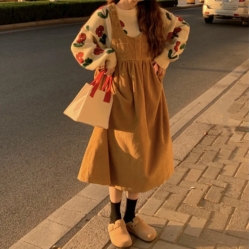 

Qiukichonson Spring 2022 Womens Fashion Long Midi Suspender Skirt Teen Girls Preppy Style Loose Cute High Waist Corduroy Skirts