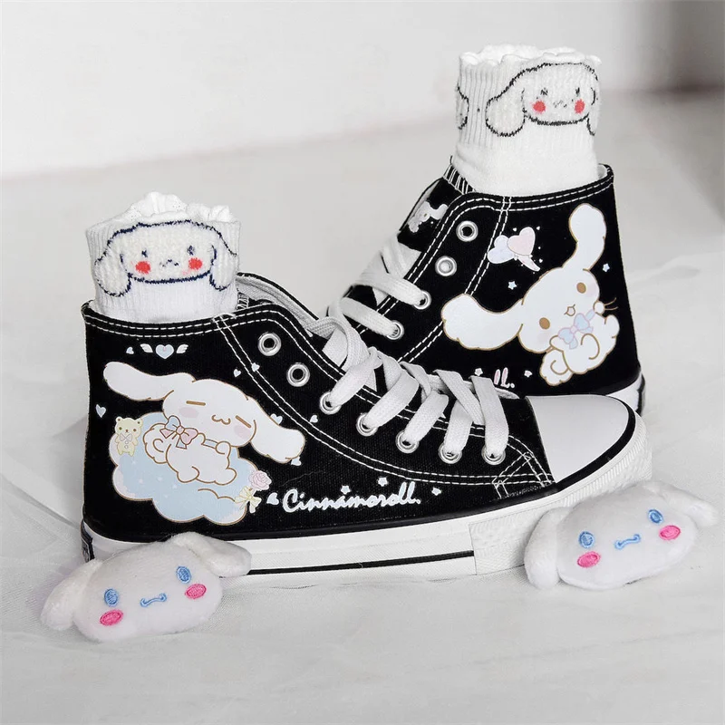 

Kawaii Sanrio новые парусиновые туфли Cinnamoroll для девочек Мультяшные высокие холщовые туфли Студенческая спортивная повседневная обувь подарок н...