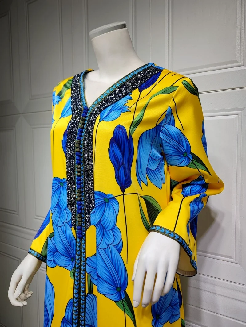 Floral Print Morocco Muslim Dress Women Abaya Kaftan Eid Party Evening Dresses Turkey Dubai Autumn Islam Long Robe Femme Vestido