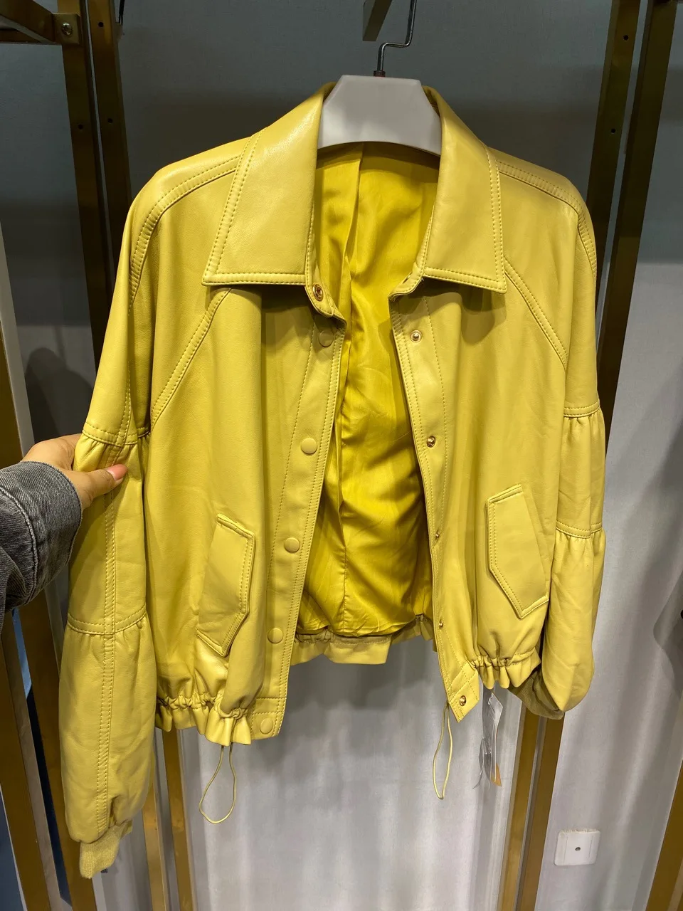 

Autumn Loose Temperament Commute Long Sleeve Stitching Lapel Pu Short, Yellow Leather Coat