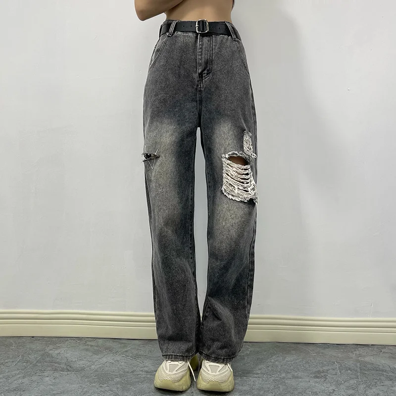 

2023 повседневные облегающие брюки, женские свободные джинсы с высокой талией, рваные джинсы, женские винтажные джинсовые брюки Y2K в стиле панк, прямые широкие уличные брюки