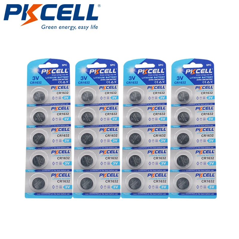 

20Pcs PKCELL New Battery CR1632 ECR1632 1632 BR1632 DL1632 ECR1632 3V Lithium Coin Cell