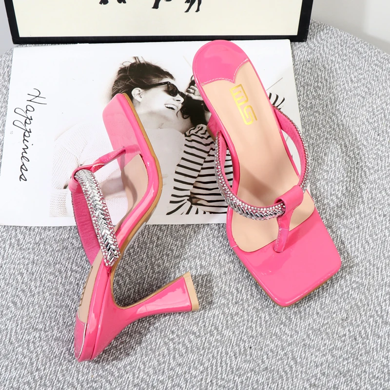 2022 summer foreign style wearing thin high heels plus size sandals Joker square toe flip-flops with diamond women slippers