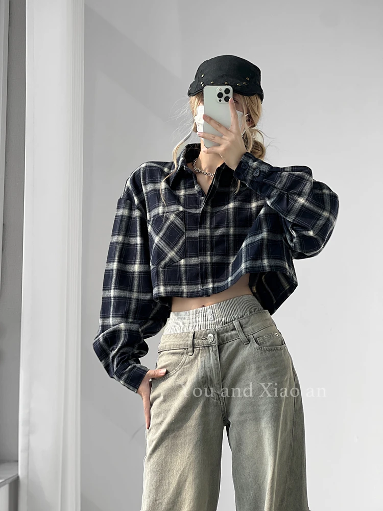 Accent Retro Plaid Shirts Women Design 2025 Spring and Autumn BF Sle Loose Casual Shirt Short Top Outerwear