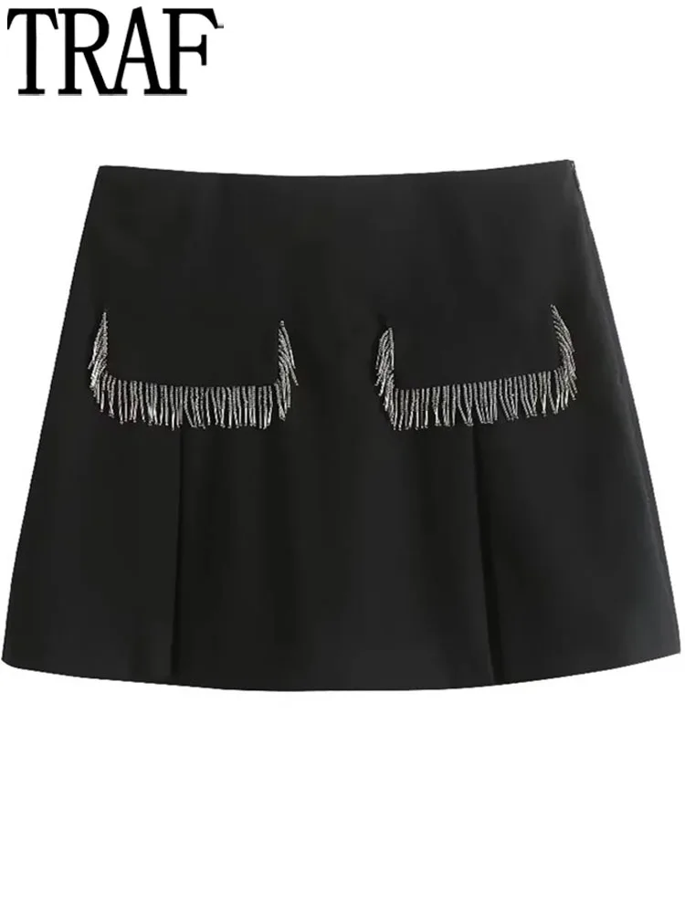 

TRAF 2023 Fringing Skorts For Women Black Shorts Women High Waist Mini Skirt Shorts Woman Fashion Casual Elegant Women's Shorts