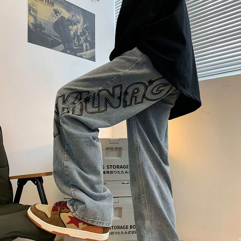 Men's Brown Y2K Clothes Printed Jeans Men Baggy Destroyed Jeans Denim Straight Trousers Wide Leg Pants Streetwear Y2K For Men