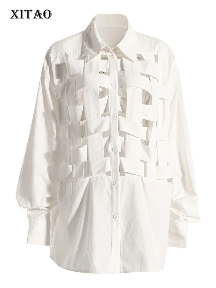 

XITAO Hollow Out Blouse White Full Sleeve Goddess Fan Casual Style Single Breast 2022 Summer Minority Loose Shirt WMD6871