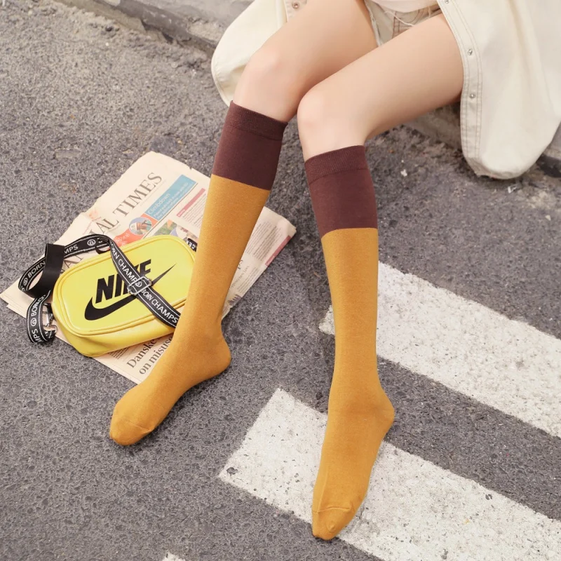 Solid Color Stitching Knee Length Socks Japanese and Korean Socks Long Tube Calf Socks Solid Color Thigh High Socks JK Socks