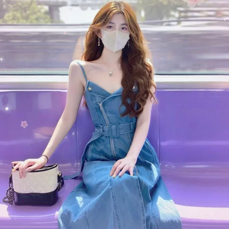 

French Style Spaghetti Strap Denim Dress for Women's Sexy Camisole Vestidos Belted Midi Ladies Blue Jean Dresses