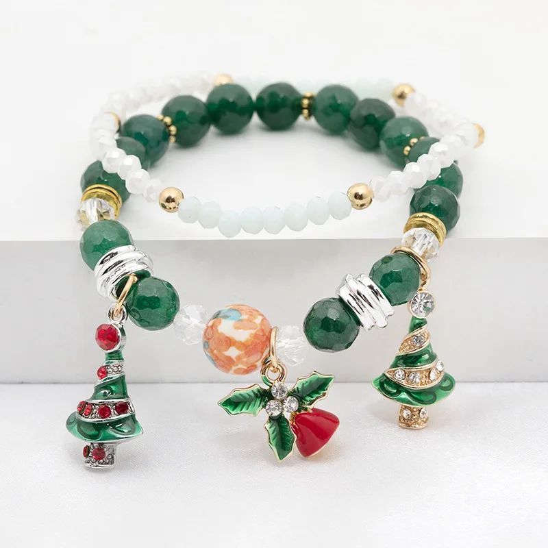 

2022 Christmas Gift Bell Snowman Double Elastic Bracelet christmas tree santa claus gift bracelet beads