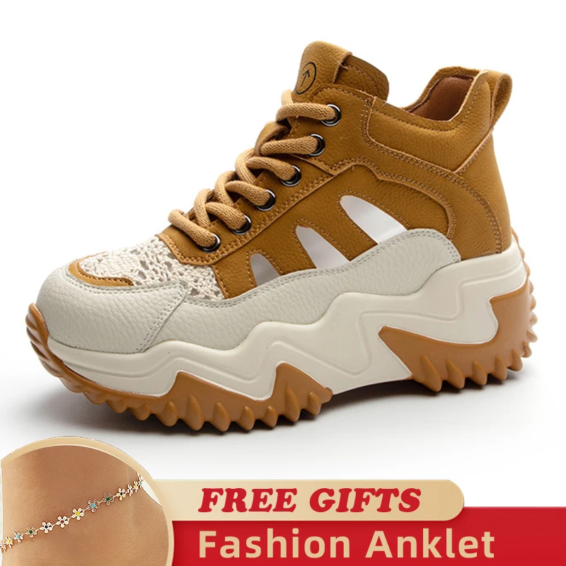 Genuine Leather Hollow Strap Design Air Mesh Comfy High Brand Breathable Shoe Chunky Sneakers Spring Summer Platform Wedge Shoes
