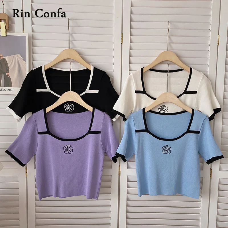 

Rin Confa Summer Korean Version Thin Pullover T-Shirt Flower Embroidery Short Knitting Top Women Sweet Chic Square Collar Top