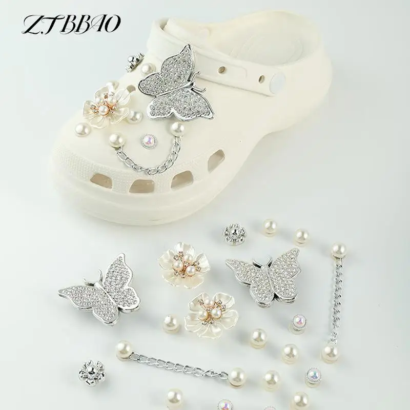 

1Set Shoes Charms Chain Butterfly Pearl Rhinestone Accessories Shoe Decorations Women Man Kids Gifts