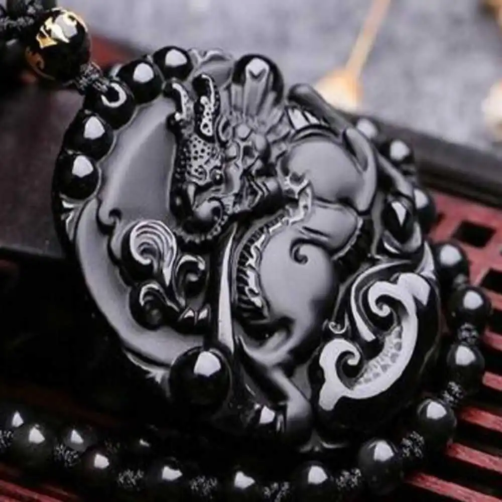 

Natural Obsidian Carved Kylin Lucky Amulet Pendant Dragon Men Healing Choker Gifts Zodiac Beads Reiki Necklace Natural Craft