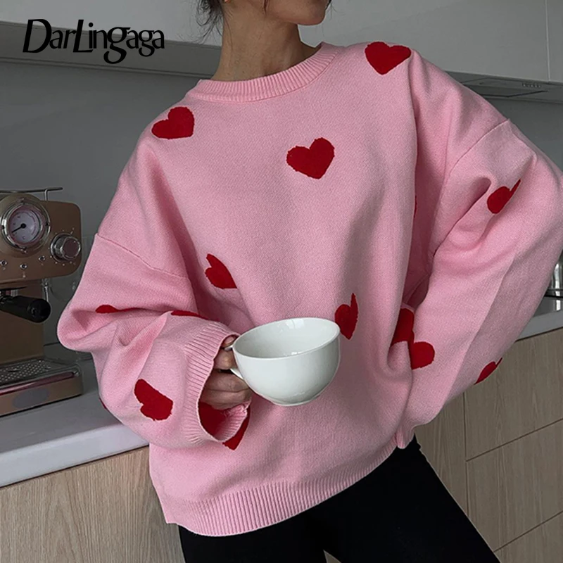 

Darlingaga Korean Sweet Pink Loose Autumn Sweater Women Heart Pattern Casual Knit Pullovers Coquette Clothes Round Neck Jumpers