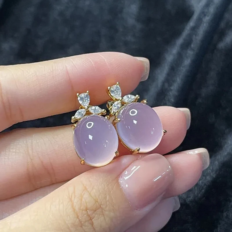 

Original Design Natural High Ice Romantic Violet Chalcedony Oval Earrings Sweet and Exquisite Light Luxury Silver Jewelry