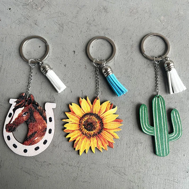 Western Wind Wood Pendant creative sunflower cactus horseshoe leather tassel key chain | Key Chains