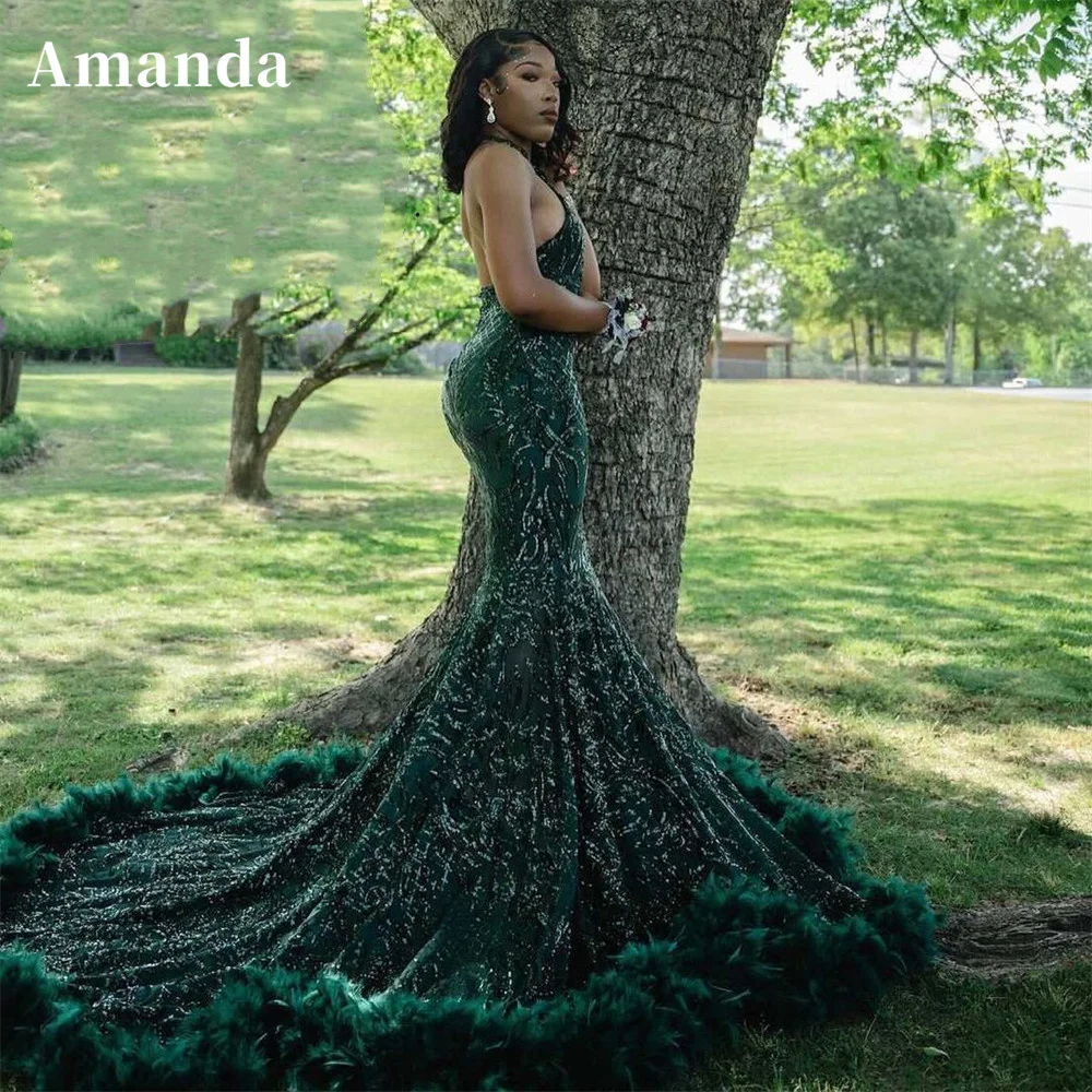 

Amanda Luxury Feather Train Prom Dress For Black Girls Dark Green Trumpet Prom Gown Glitter Fishtail Sweep Train Prom Dress 2023