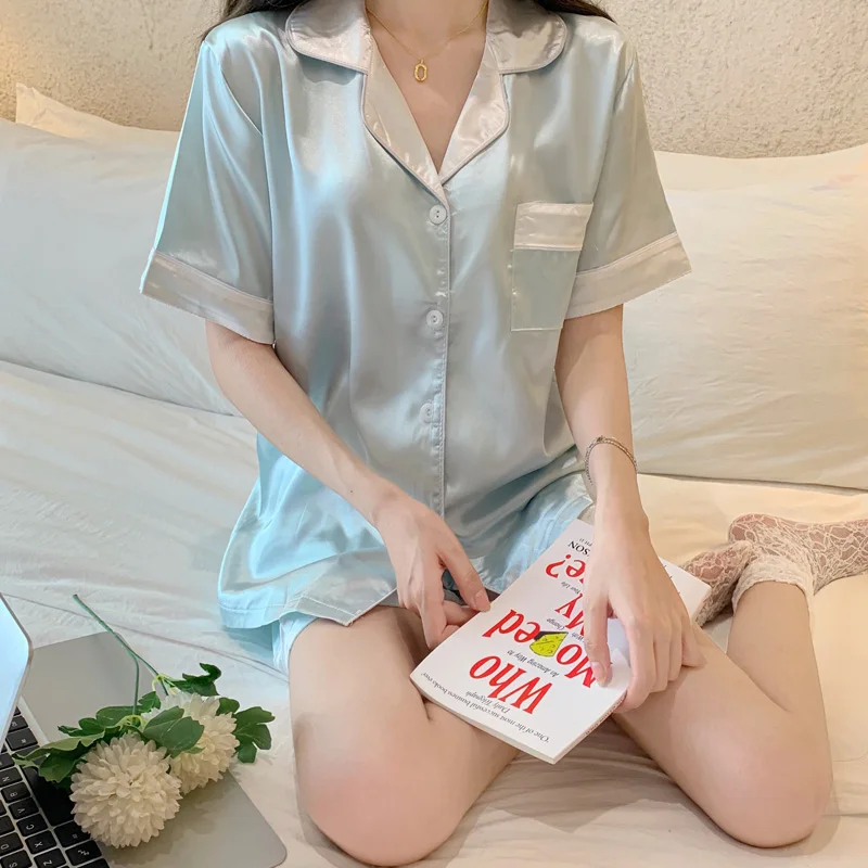 New Women Sleepwear Set Summer Pajama Set Blue Lapel Faux Silk Satin Soft Short Sleeve Casual Female Pijama Girl Home Wear Short