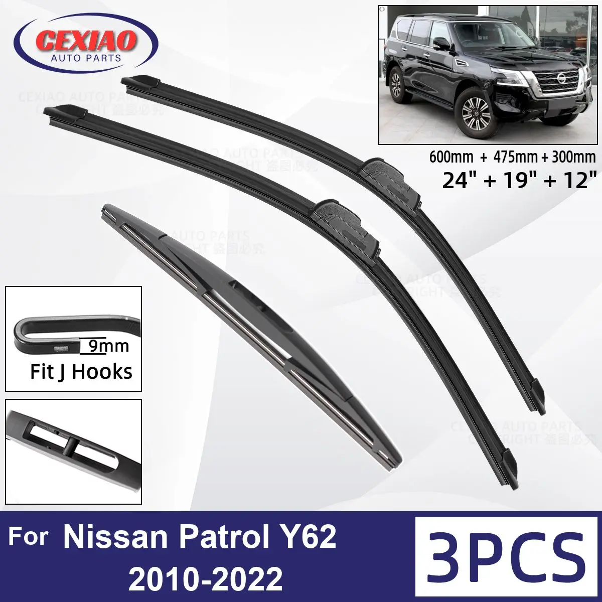 

For Nissan Patrol Y62 2010-2022 Car Front Rear Wiper Blades Soft Rubber Windscreen Wipers Auto Windshield 24"+19"+12" 2020 2021