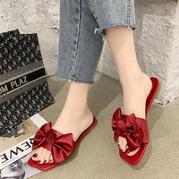 fashion bow sweet solid women slides outside flat shoes non slip summer beach shoes low 1cm 3cm casual womans sandals slippers