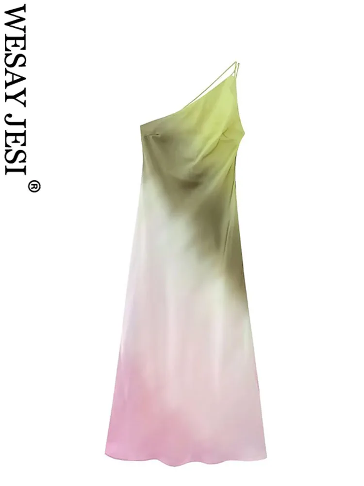 WESAY JESI TRAF Womens Tie Dye Long Dress Satin Asymmertic Sexy Backless Dresses Off Shoulder Elegant Woman Evening Dress images - 6