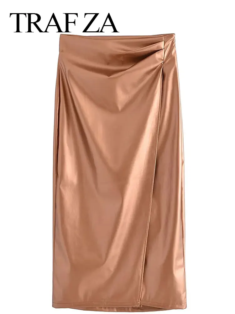 

TRAF ZA Women's Solid Color Gold Skirt Zipper Leather Asymmetric Fold Overlap 2022 Fashion Slim Skirt Ladies Street Daily Wear