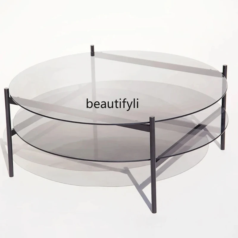 

zq Glass Coffee Table Simple Modern Small Apartment Living Room Light Luxury Household Double-Layer Tea Table Balcony round